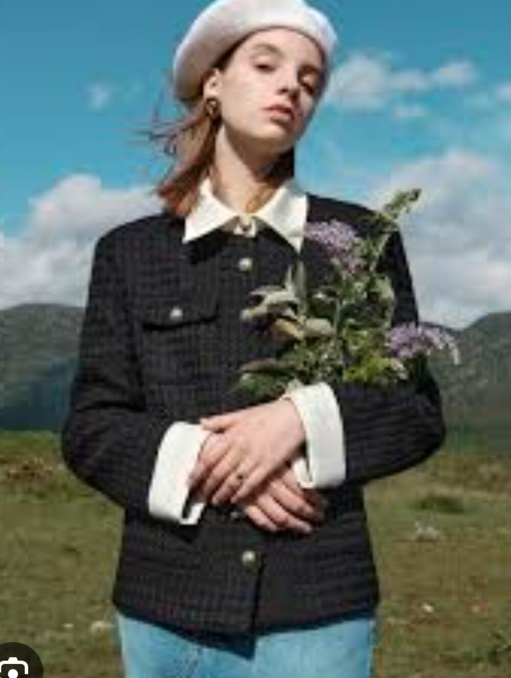 Womens Black Tweed Button-Front Jacket with White Trim
